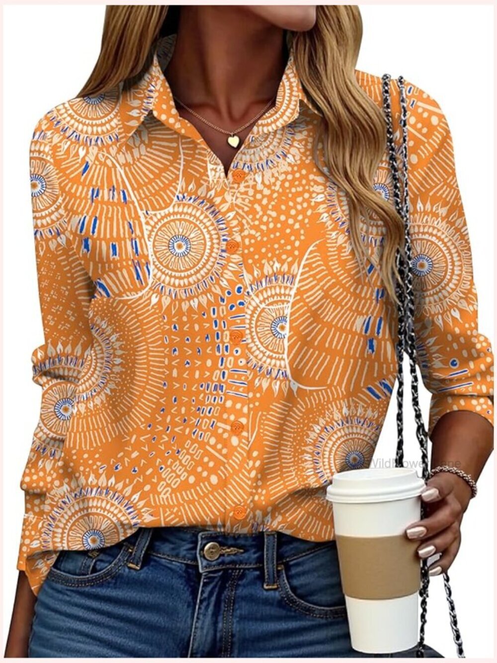 Button Down Shirt Long Sleeve Blouse Floral Print Business Casual